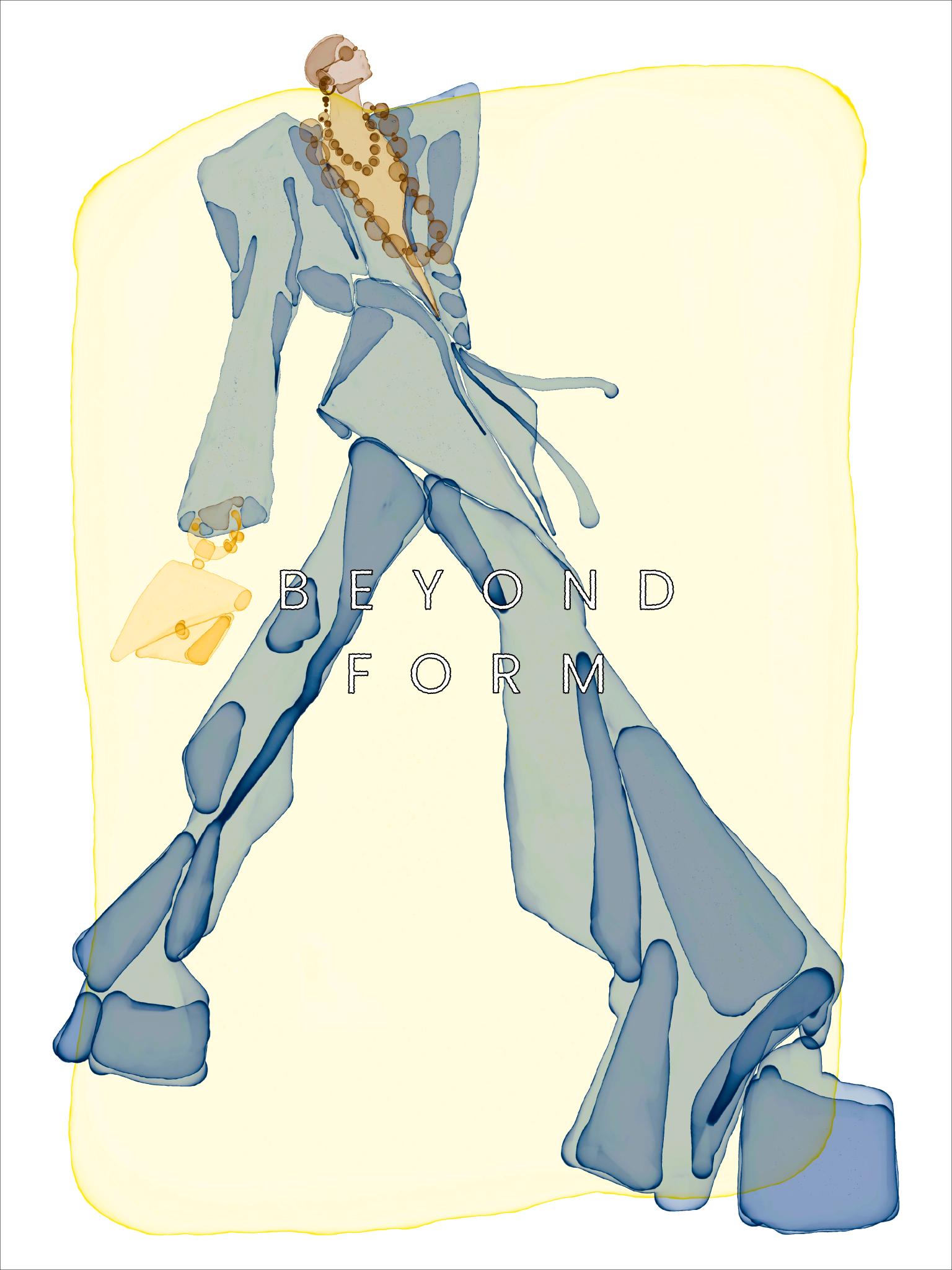 Beyond Form fashion illustration: an elongated standing figure in a sculptural powder-blue suit and platform boots, with layered necklaces and a yellow handbag