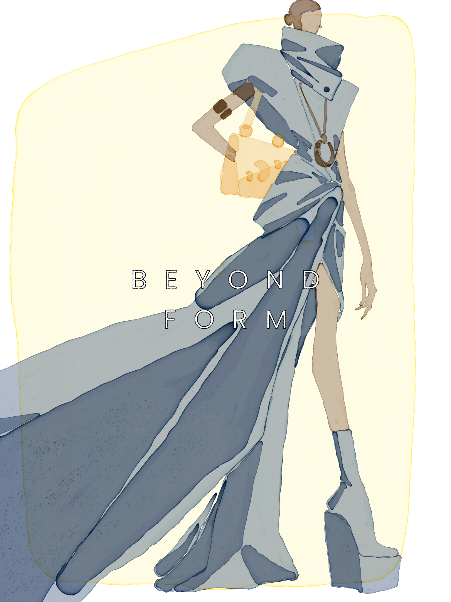 Beyond Form fashion illustration: an elongated figure in a sculptural blue gown with a flowing train, a yellow shoulder bag and platform boots