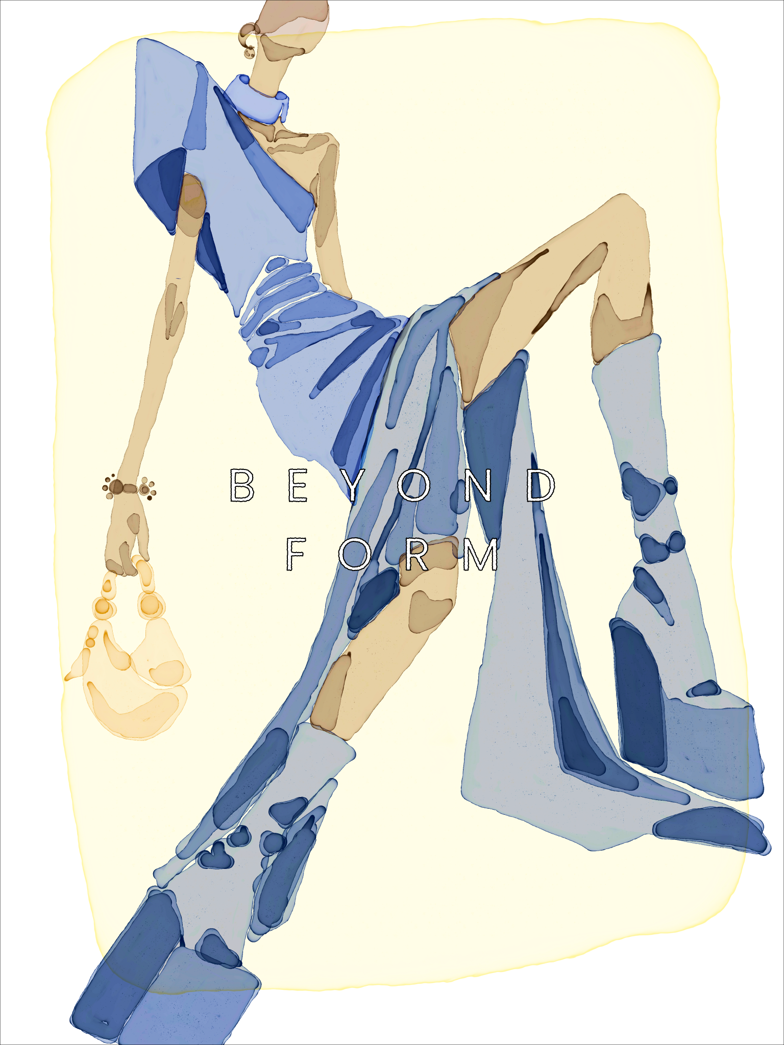 Beyond Form fashion illustration: an elongated seated figure in sculptural blue clothing and platform boots, with a cream handbag against a pale yellow background