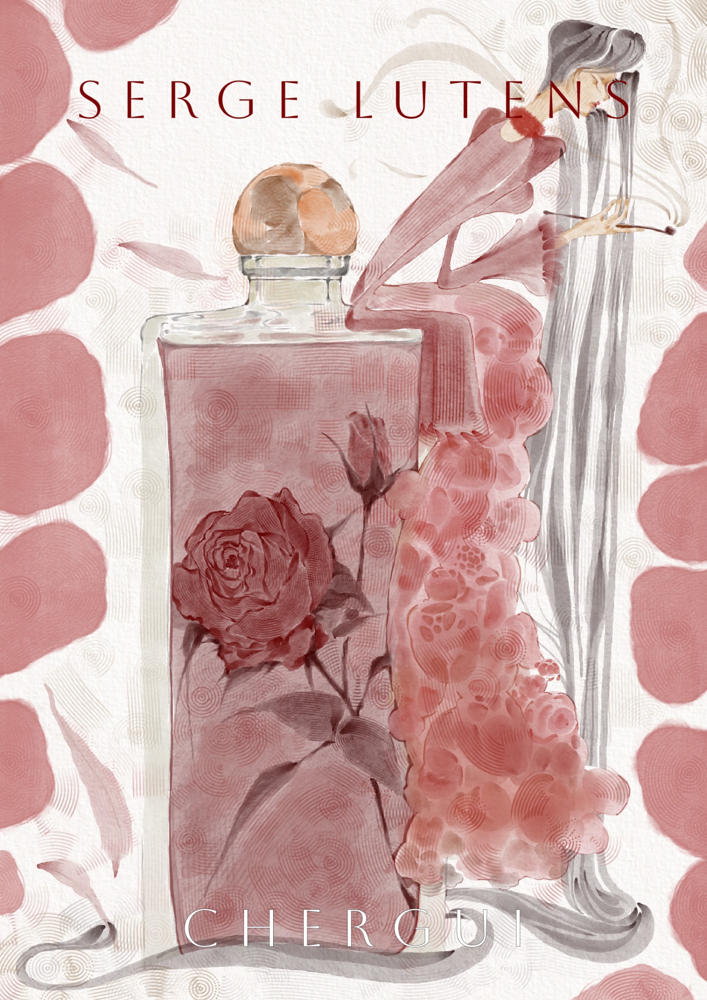 Chergui fragrance illustration with a rose-colored perfume bottle, roses, petals and a woman in a flowing dress
