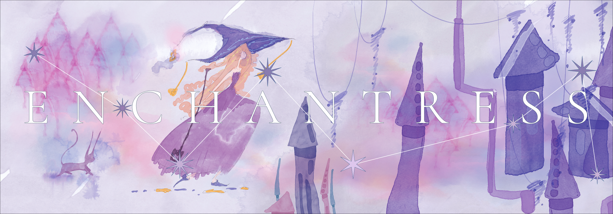 Enchantress illustration with a figure in a pointed hat, a small cat and purple towers