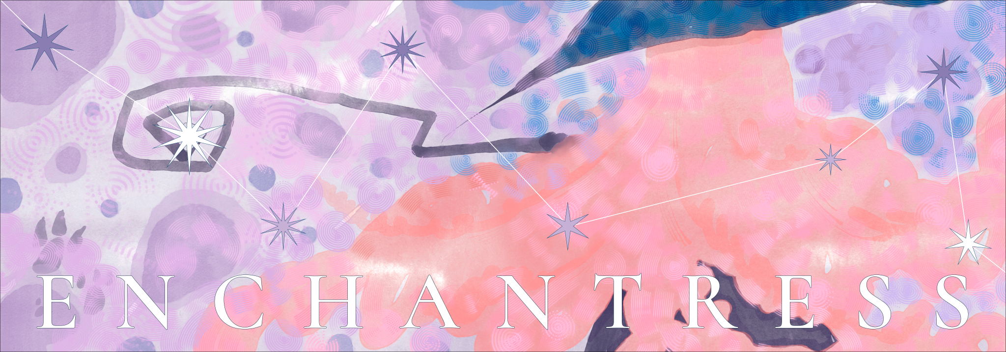 Enchantress illustration in pink, lilac and blue with spiral textures and connected stars