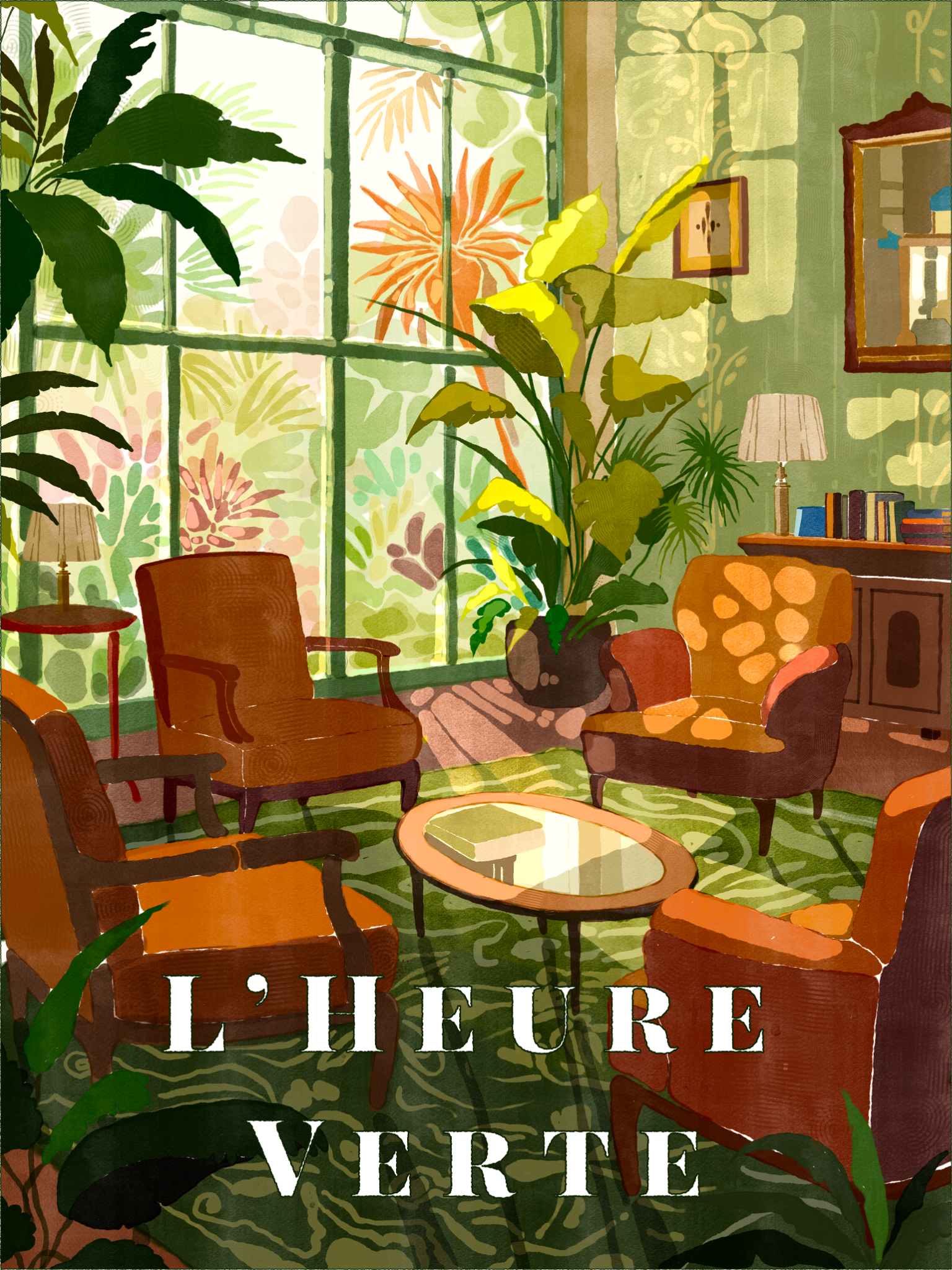 L’Heure Verte: a sunlit interior with green plants, orange armchairs and a patterned rug