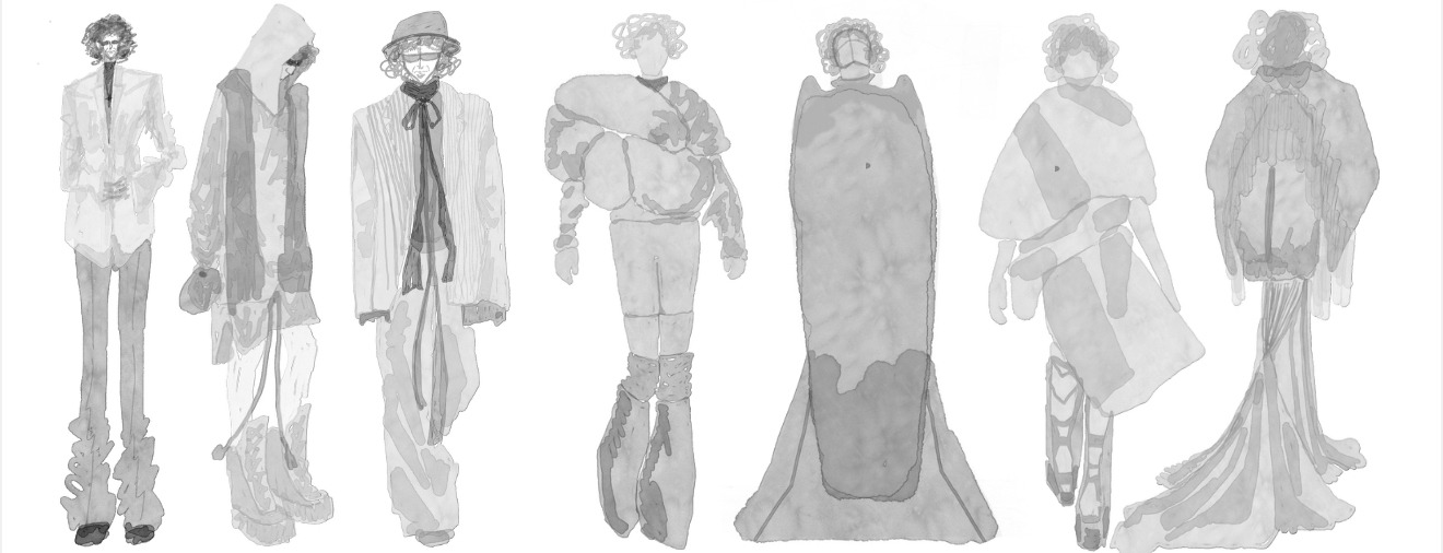 Monochrome fashion figure lineup with elongated proportions and layered silhouettes