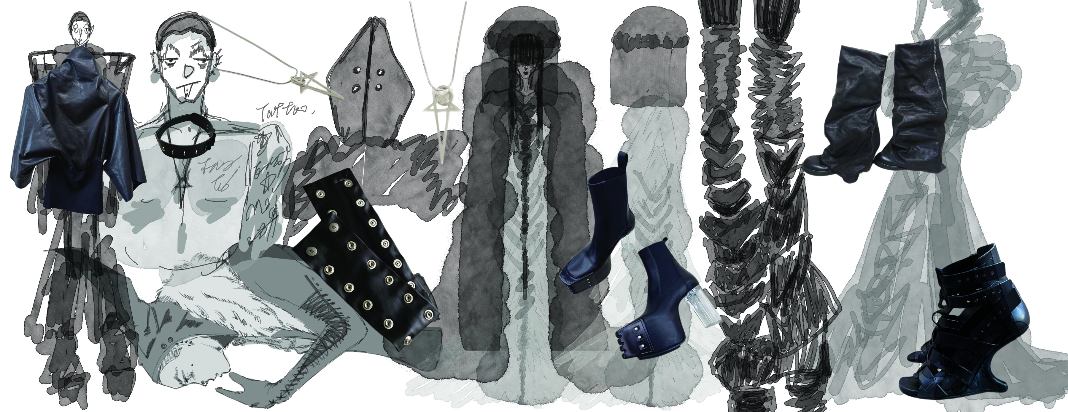 Collage combining fashion figure illustrations with clothing, footwear and accessories