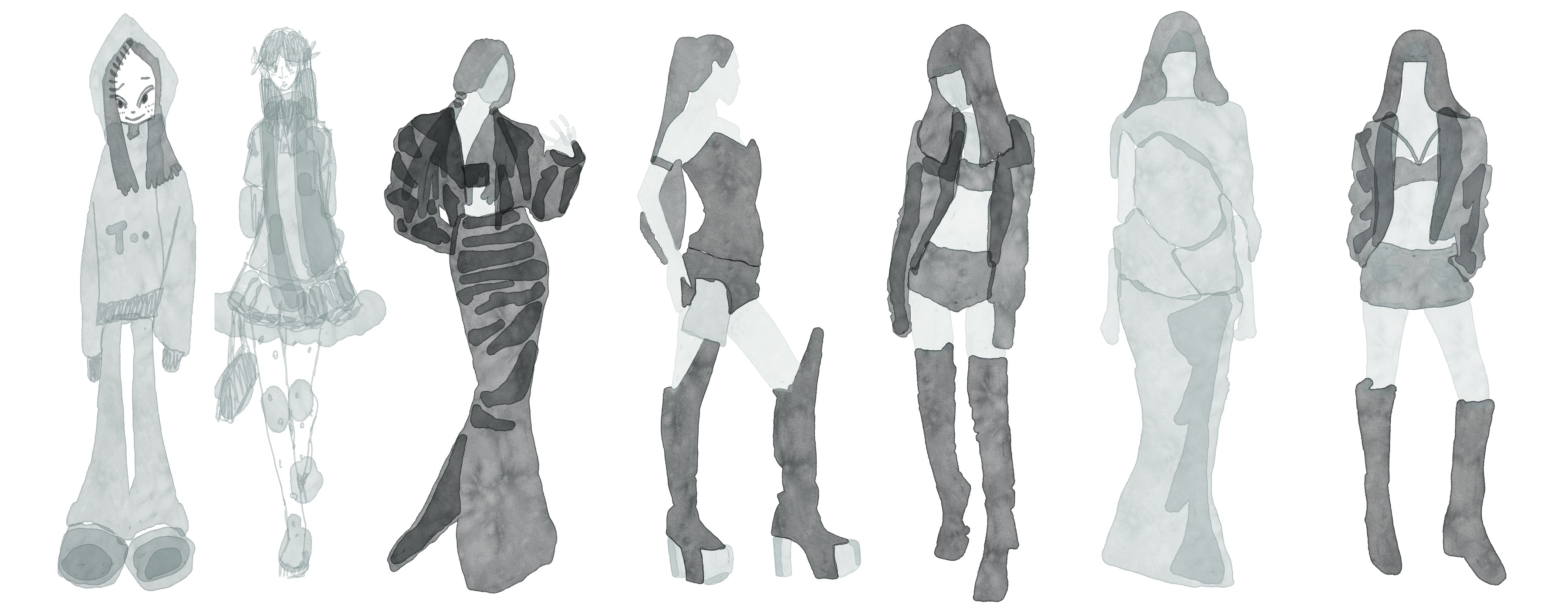 Monochrome fashion figure lineup with long dresses, cropped jackets and tall boots