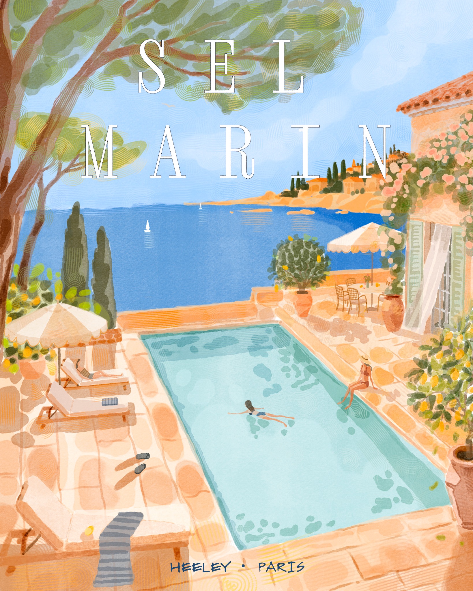 Sel Marin illustration of a Mediterranean swimming pool, seaside villa, pine tree and small figures