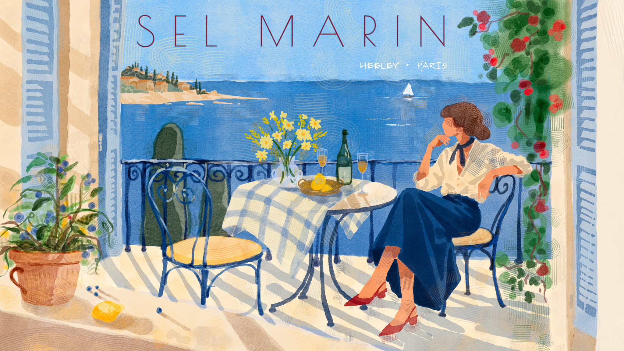 Sel Marin illustration: a woman on a sunny seaside terrace with flowers, lemons and a view of the Mediterranean