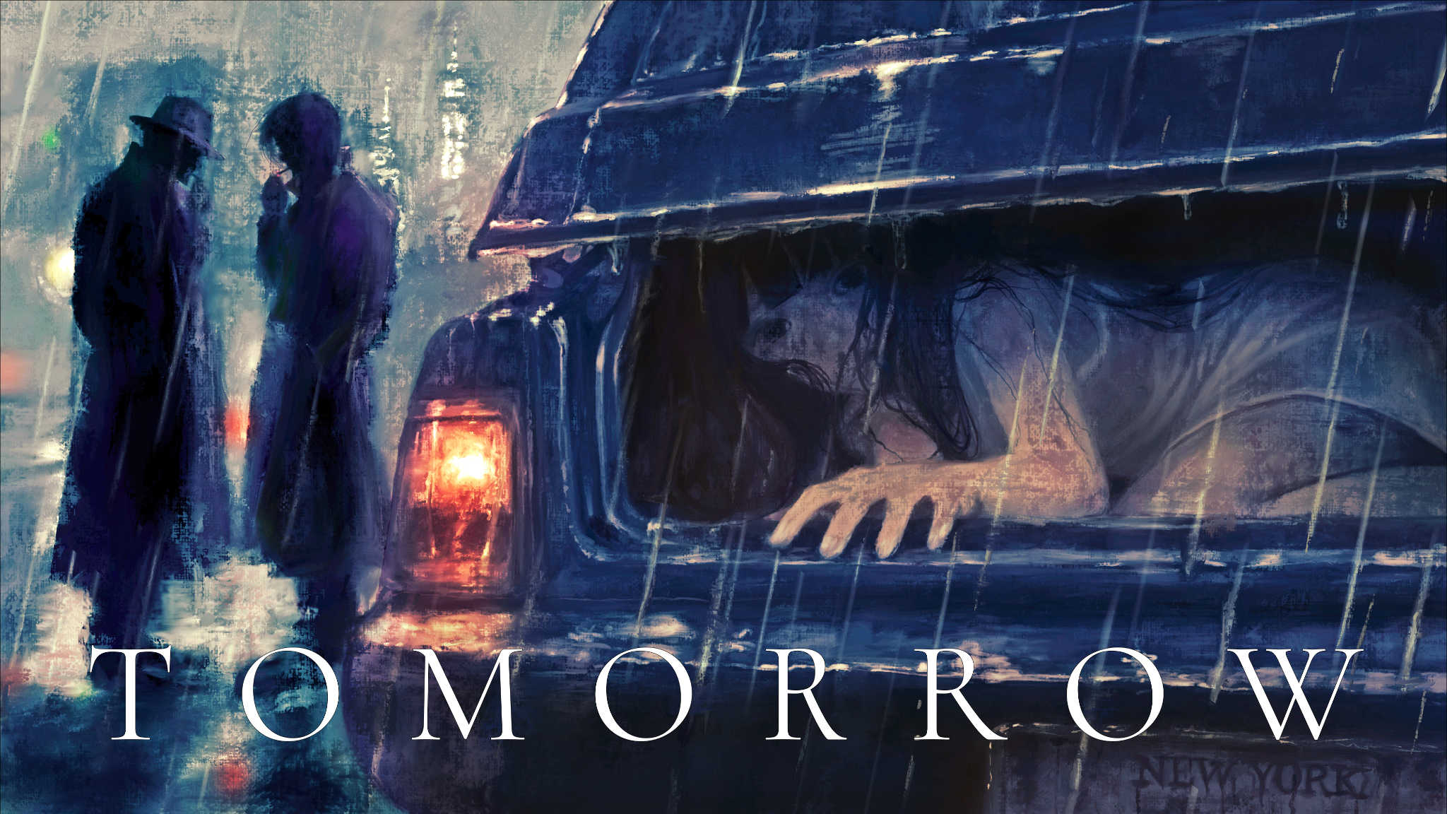 Tomorrow illustration of a rainy night, two shadowed figures and a woman inside an open car trunk