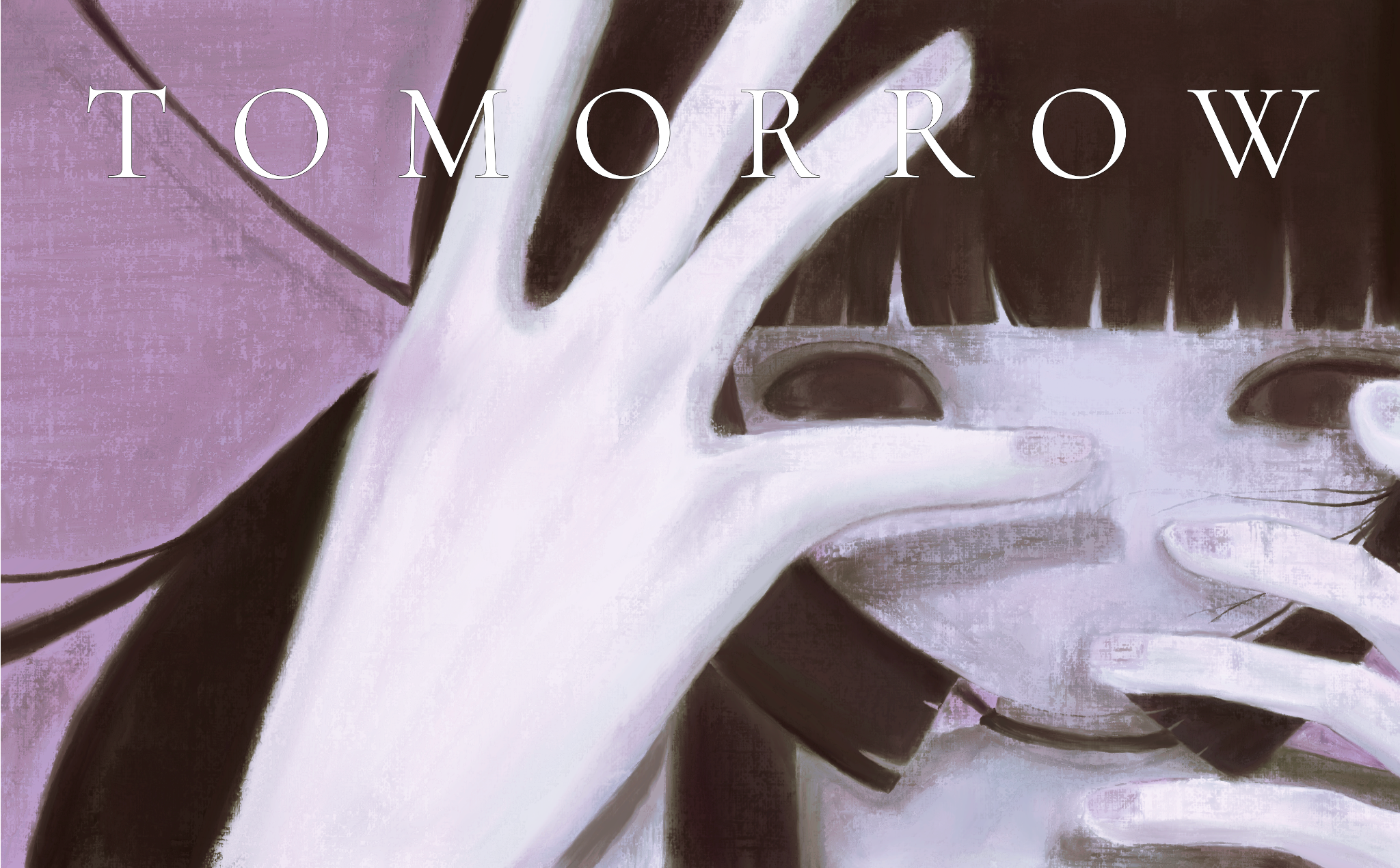 Purple-toned portrait with hands framing a face and the word TOMORROW above